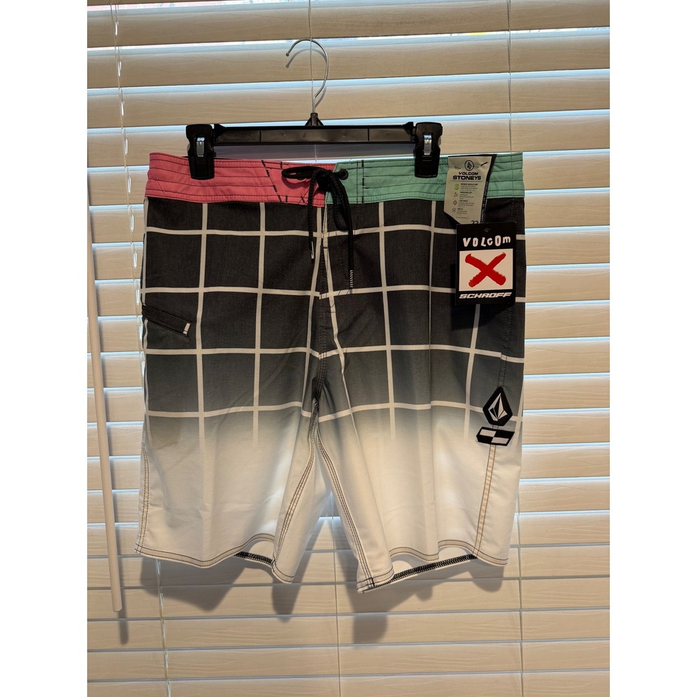 Volcom Stoneys Boardshorts Swim Trunks Black White Grid Fade Men Size 33